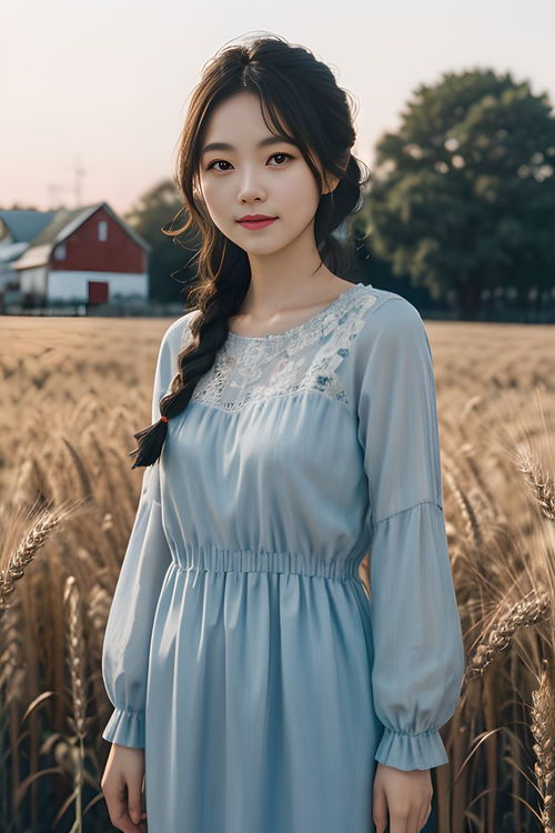 我用AI做服装设计 深蓝色少女连衣裙在田野中漫步